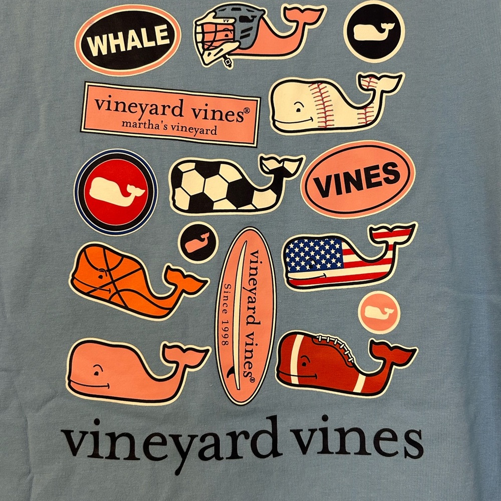 Vineyard Vines Light Blue Tee with Pink, Orange, Red and Navy Whale Graphics